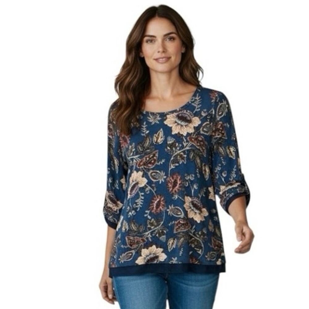 Chico’s Top Women’s Size 2 Blue Floral Tiered Satin Hem Cotton Blend Knit Top